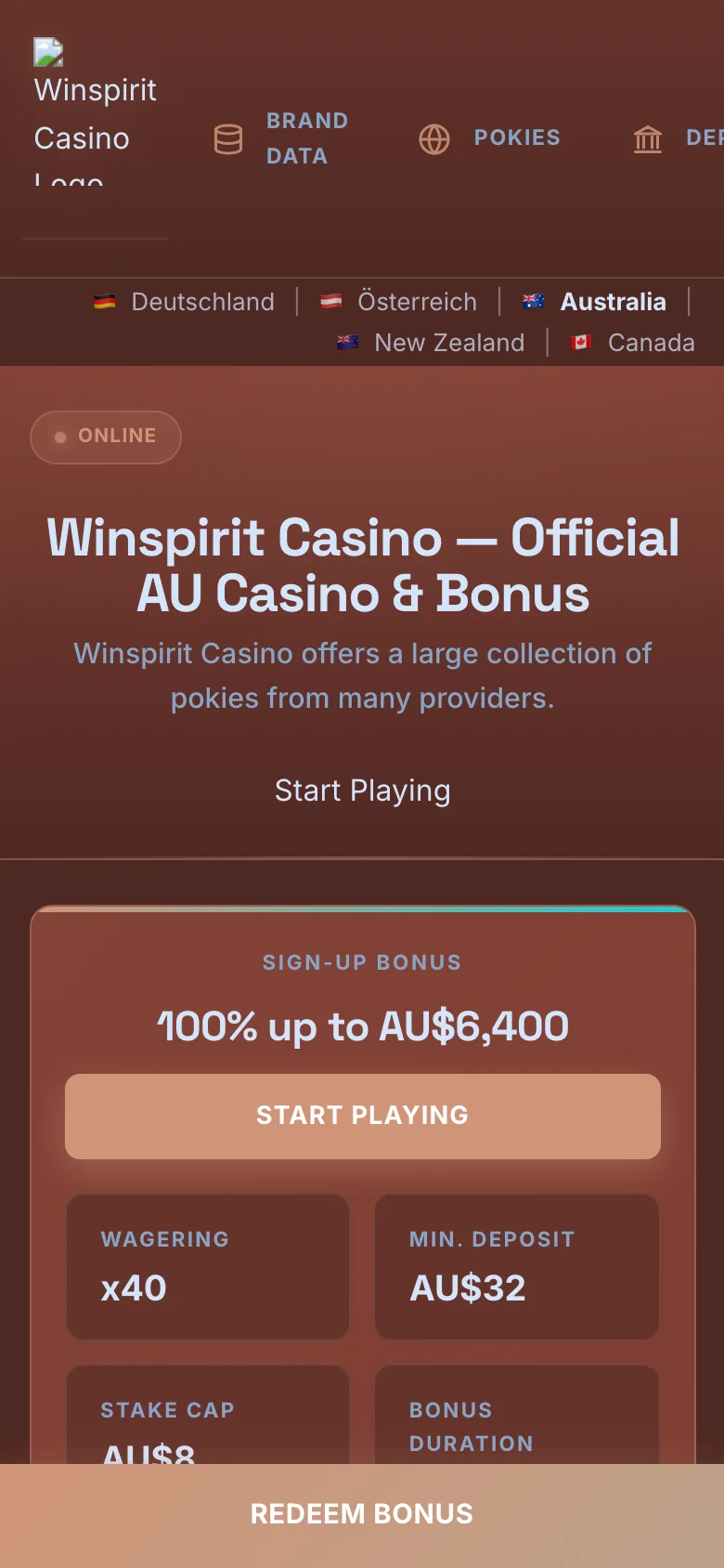 Winspirit Casino mobile lobby screenshot